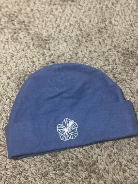 Blue Soft Beanie Tag Aloha Co Kailua HI Hat with White Hibiscus Embroidery